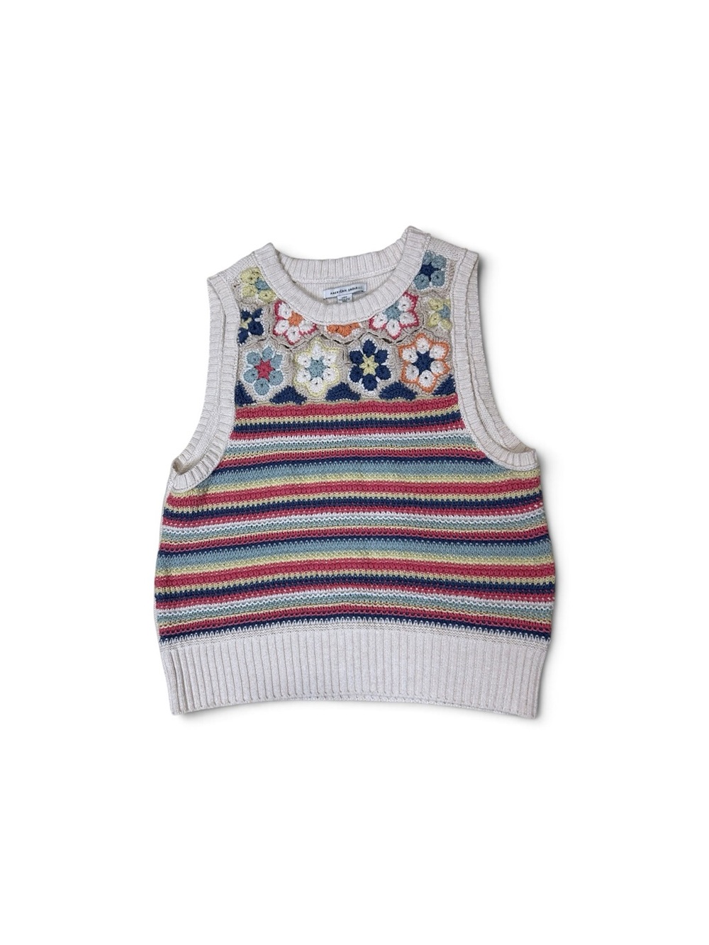 American Eagle Cream & Multicolor Striped/Floral Crochet Vest Size L